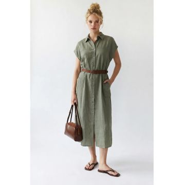 Rochie camasa Midi -  verde salvie - cu curea - poliester