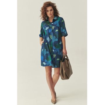 Rochie-camasa scurta din bumbac - Verde padure/Albastru royal/Bleumarin