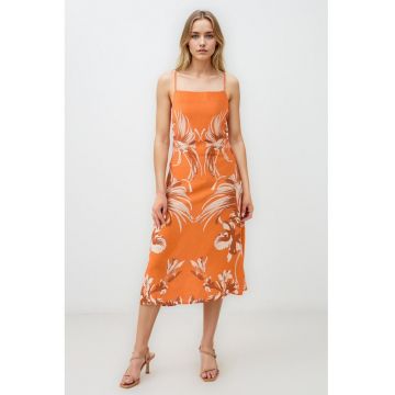 Rochie cu croiala in A si bretele subtiri - Maro inchis/Portocaliu/Crem