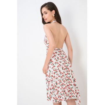 Rochie cu decolteu halter si imprimeu - Alb/Rosu cireasa