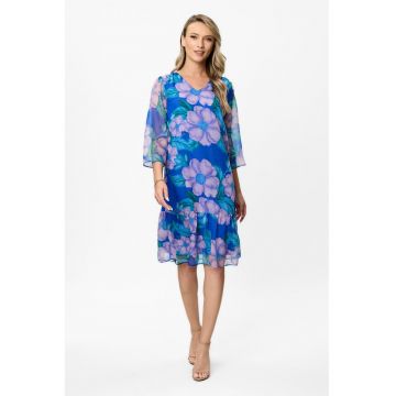 Rochie cu decolteu in V si model floral - Albastru royal/Lila