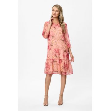 Rochie cu decolteu in V si model floral - Roz