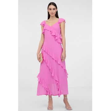Rochie cu maneci scurte si volane - Roz orhidee