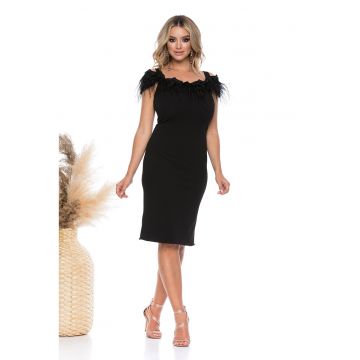 Rochie cu umeri decupati si detalii cu pene - Negru