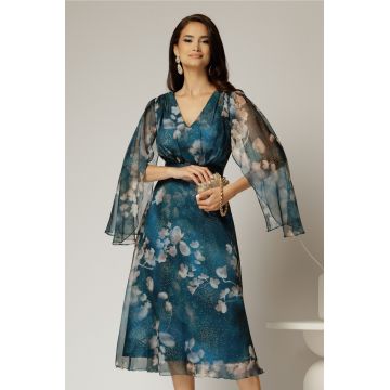 Rochie de ocazie albastru petrol cu imprimeu floral bej si insertii aurii