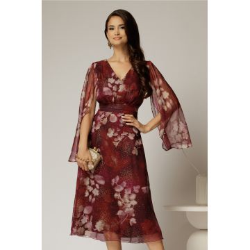 Rochie de ocazie bordo cu imprimeu floral bej si insertii aurii