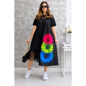 Rochie de zi Arty Fiora, cu tull si maneca scurta, Flora Belle, Marime S/M/L