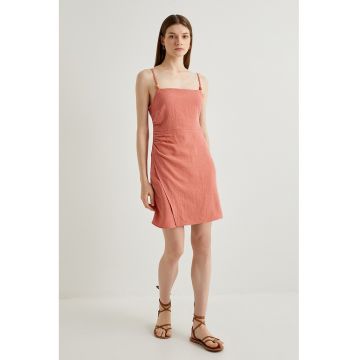 Rochie din amestec de in cu decolteu patrat - Roz somon