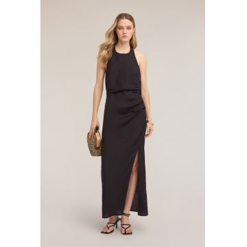 Rochie din amestec de in cu slit lateral si decolteu halter - Negru
