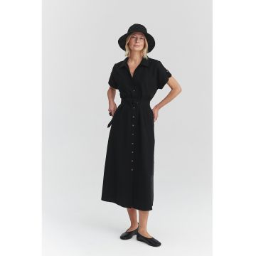 Rochie din amestec de lyocell cu maneci scurte si guler - Negru