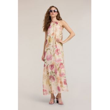 Rochie din amestec de matase cu decolteu halter - Bej/Roz