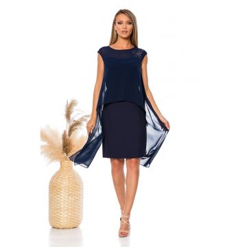 Rochie dreapta cu strat exterior din sifon - Bleumarin