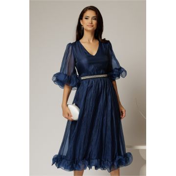 Rochie DY Fashion bleumarin din voal creponat cu volanase si decolteu in V