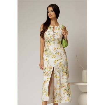 Rochie DY Fashion midi alba cu imprimeuri din in cu nasturi pe bust fara maneci