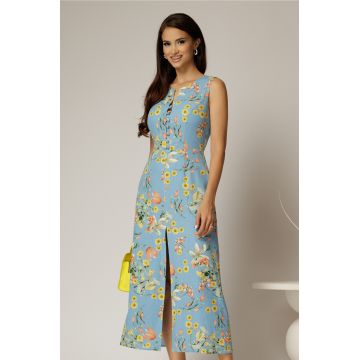 Rochie DY Fashion midi bleu cu imprimeuri din in cu nasturi pe bust fara maneci