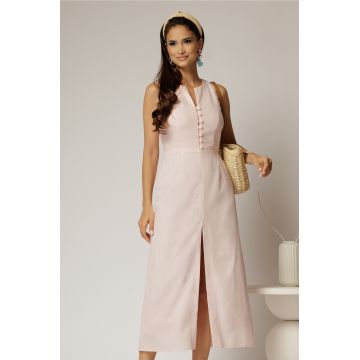 Rochie DY Fashion midi roz din in cu nasturi pe bust fara maneci