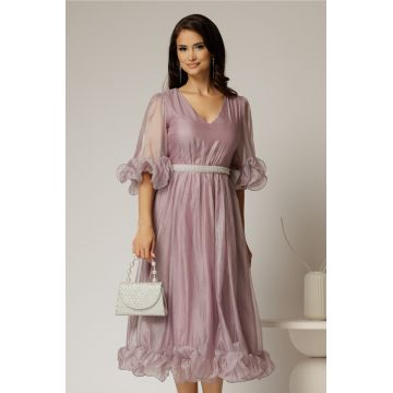 Rochie DY Fashion roz din voal creponat cu volanase si decolteu in V