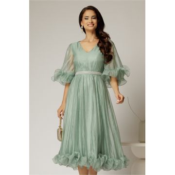 Rochie DY Fashion verde mint din voal creponat cu volanase si decolteu in V