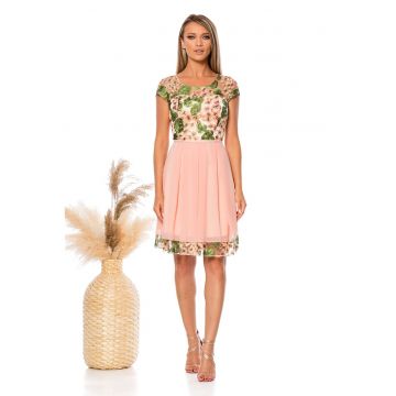 Rochie evazata cu broderie florala - Verde/Roz pastel