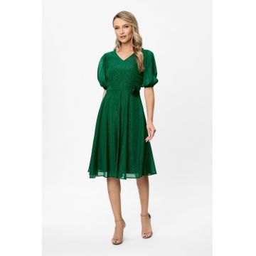 Rochie evazata cu maneci bufante semi-transparente si aplicatie florala Alison - Verde englez