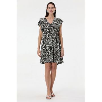 Rochie evazata cu maneci cu volane - Alb/Negru