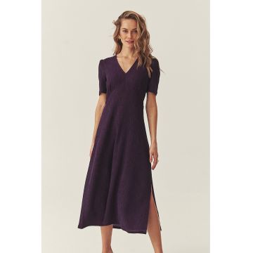 Rochie evazata din amestec de lyocell cu decolteu in V si slit lateral - Deep Purple