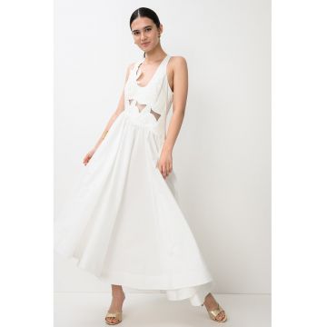Rochie evazata midi cu terminatie asimetrica si decupaje Luna - Alb optic