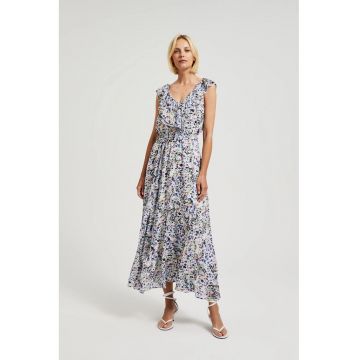 Rochie florala cu volanas la decolteu in albastru deschis - Albastru