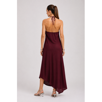Rochie lunga, asimetrica, din in, cu spatele gol, visiniu