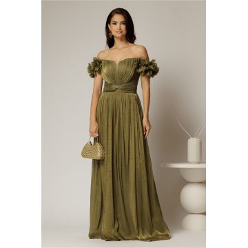 Rochie lunga de ocazie olive din voal peliculizat cu aplicatii florale 3D