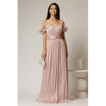 Rochie lunga de ocazie roz prafuit din voal peliculizat cu aplicatii florale 3D