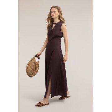 Rochie lunga din bumbac cu slit frontal - Maro inchis