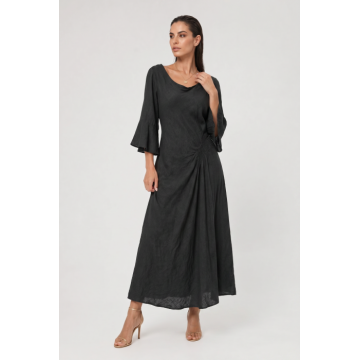 Rochie lunga din in cu fronseu lateral si maneci evazate, neagra
