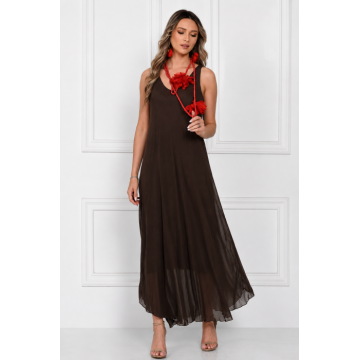 Rochie lunga din matase cu croi fluid si bretele fine, eleganta, maro inchis