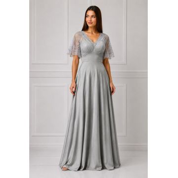Rochie lunga -  in clos cu dantela - gri perla - Gri