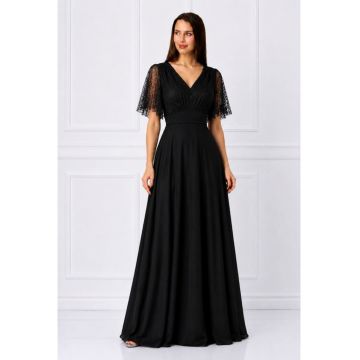 Rochie lunga -  in clos cu dantela - gri perla - Negru