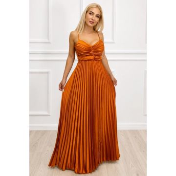 Rochie lunga plisata NYSA UNI, cu legare la spate, ARAMIU, Marime S/M