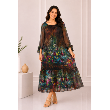 Rochie maro de vara din matase naturala cu imprimeu abstract