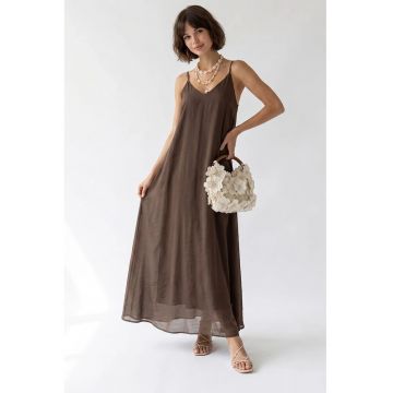 Rochie Maxi -  A-line - decolteu in V - culoare maro nuc - material lyocell si poliester