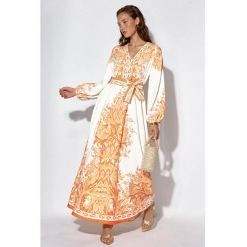 Rochie Maxi A-line MSN Paisley cu cordon - Portocalie - Poplin subtire - Maneci lungi