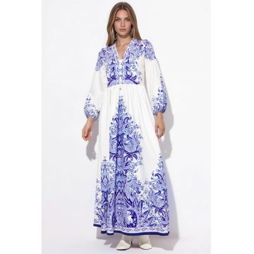 Rochie Maxi -  A-line - multicolor - poliester-lycra - imprimeu paisley - maneca lunga - decolteu in V - cu cordon