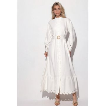 Rochie Maxi -  Casual - Alb - Poliester cu Lycra - Maneca lunga - Guler rotund - Cu cordon