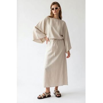 Rochie Maxi -  Casual - Bej Natural - Detaliu cu Snur - Poliester-Bumbac
