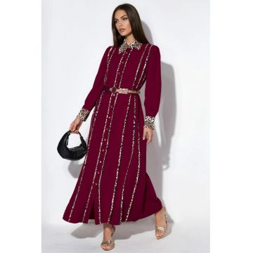 Rochie maxi -  casual - rosie - poliester cu lycra - maneci lungi - guler tip camasa