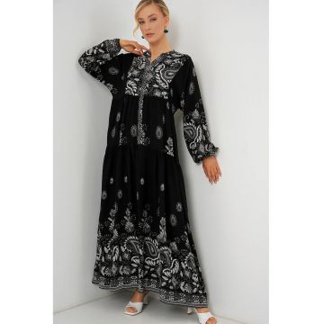 Rochie Maxi  cu Decolteu in V - Maneci Lungi - Multicolor - Viscoza