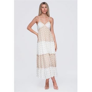 Rochie maxi cu decolteu in V si croiala lejera OW-DLR-E0007 - Bej