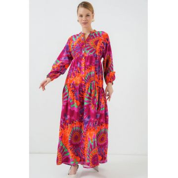 Rochie Maxi  cu imprimeu - decolteu in V - maneci lungi - multicolor - viscoza