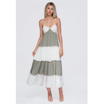 Rochie maxi dama lejera - decolteu in V - bretele ajustabile OW-DLR-E0007 - Verde -