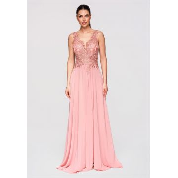 Rochie Maxi de Seara Eleganta cu Dantela si Croiala Ampla - Roz pal
