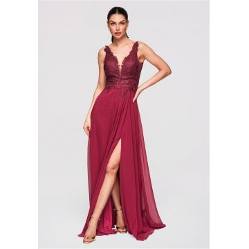 Rochie Maxi de Seara Eleganta cu Dantela si Croiala Ampla - Visiniu
